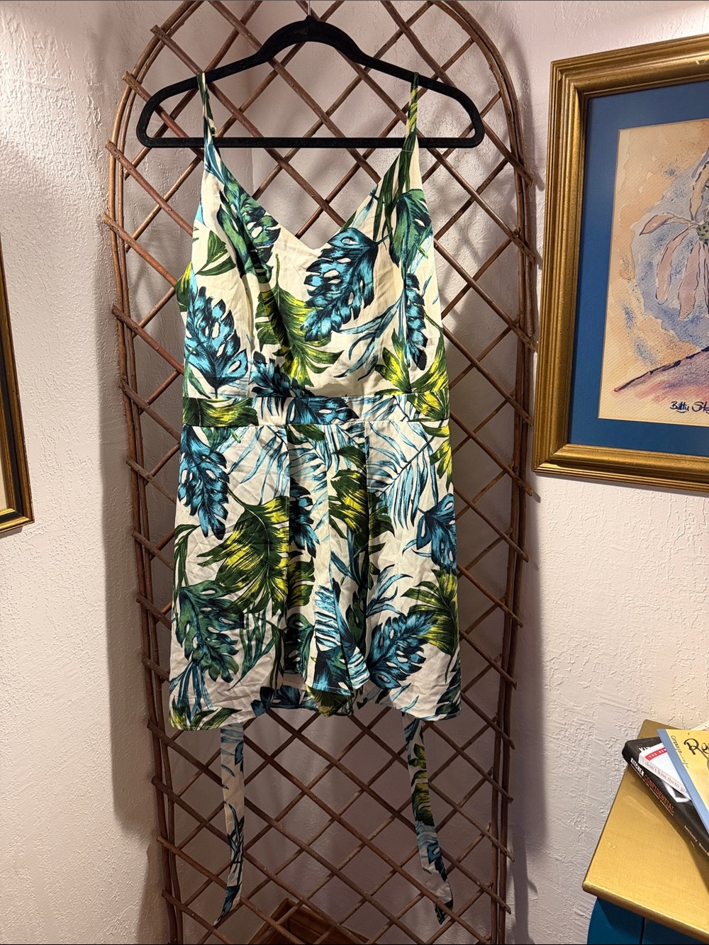 Charlotte Russe Tropical Leaf Print Skort - Blue & Green on Cream